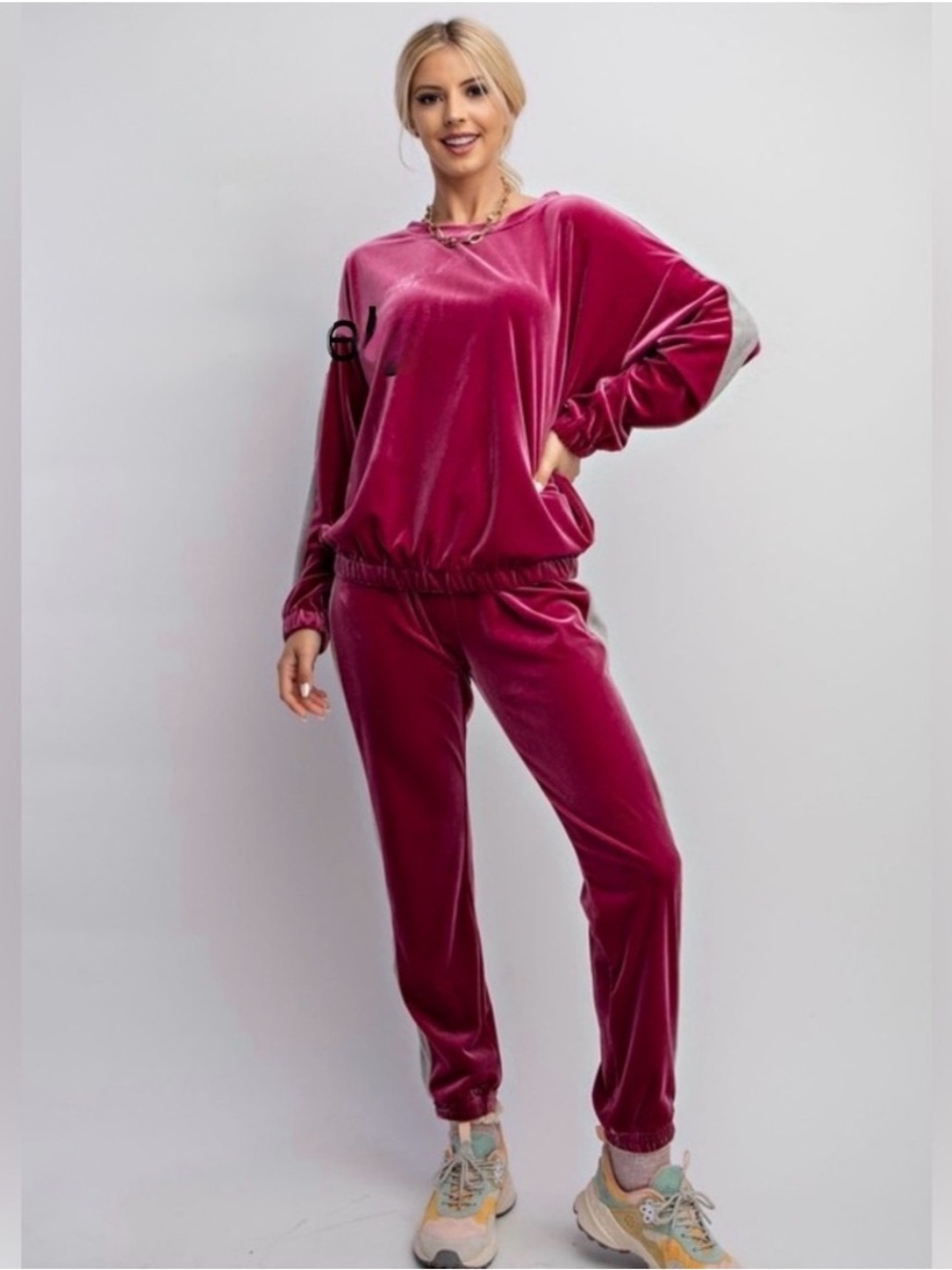 Easel NWT Velvet Pockets Elastic Waist Velour Jogger Pants Purple Fuchsia Gray M - Picture 6 of 6